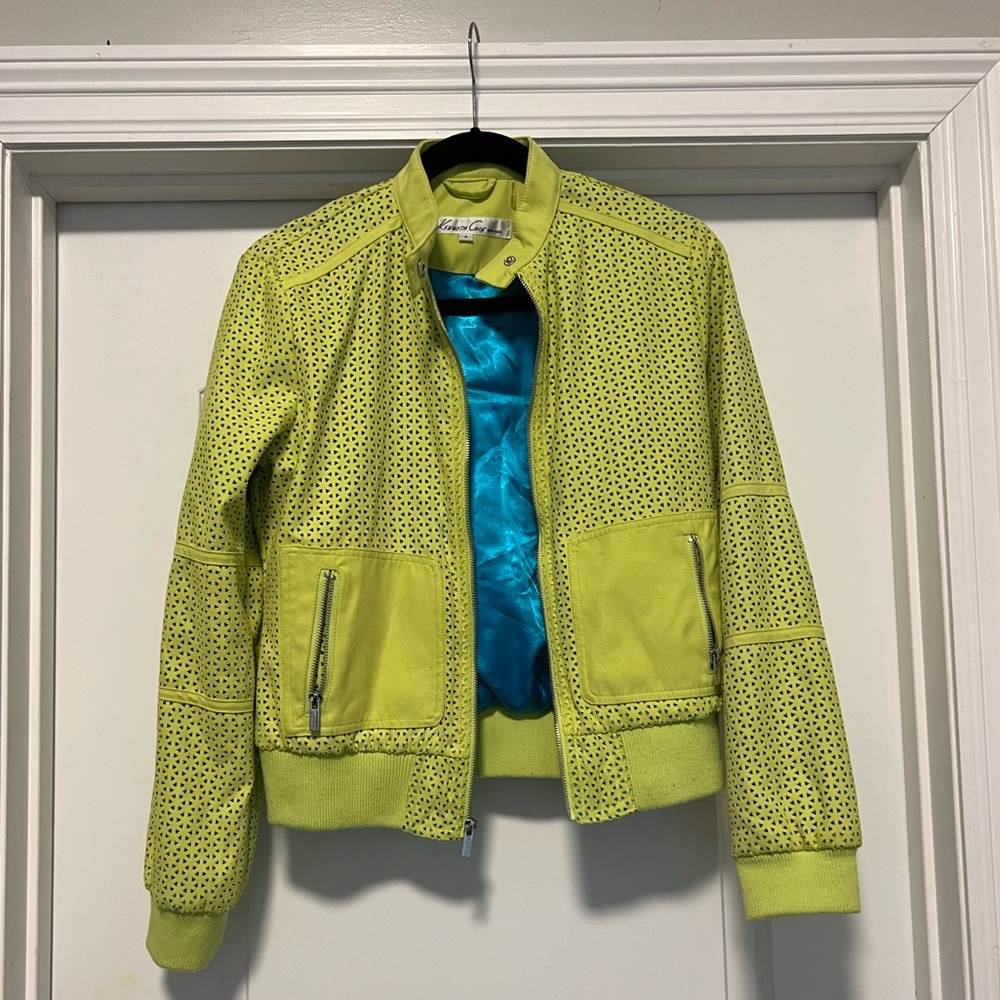 Bomber, motto jacket size small  neon green faux suede with teal satin lining